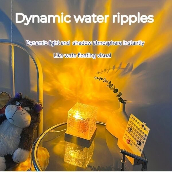 1 Pack USB Square Night Light Cube Decorative Night Lamp Square Crystal Table Lamp, Rotating Water Ripple Small Night Light Creative Bedside Lamp, Flame Atmosphere Lamp Dynamic Table Lamp 5W 80 Lumen16 Colors Diamond Desk Lamps For Bedroom RGB Remote Rota