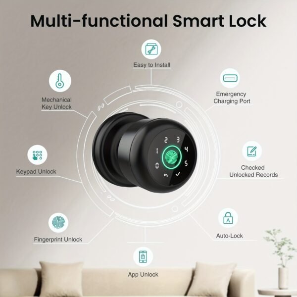 GHome Smart Fingerprint Door Lock with Keypad Door Knob, Biometric Door Smart Lock & App Control, Suitable for wooden or steel doors from 3.5-5.5 cm/ 1.38-2.17 inch, Interior Door Knob with Key Great for Bedroom, Apartments, Offices and Hotels