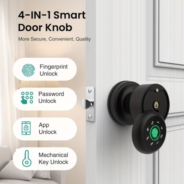 GHome Smart Fingerprint Door Lock with Keypad Door Knob, Biometric Door Smart Lock & App Control, Suitable for wooden or steel doors from 3.5-5.5 cm/ 1.38-2.17 inch, Interior Door Knob with Key Great for Bedroom, Apartments, Offices and Hotels