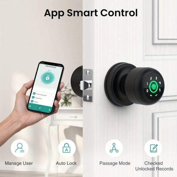 GHome Smart Fingerprint Door Lock with Keypad Door Knob, Biometric Door Smart Lock & App Control, Suitable for wooden or steel doors from 3.5-5.5 cm/ 1.38-2.17 inch, Interior Door Knob with Key Great for Bedroom, Apartments, Offices and Hotels